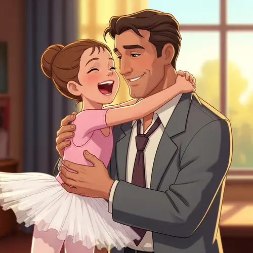 Animated Disney-style Ballerina Girl and Office Dad Embrace