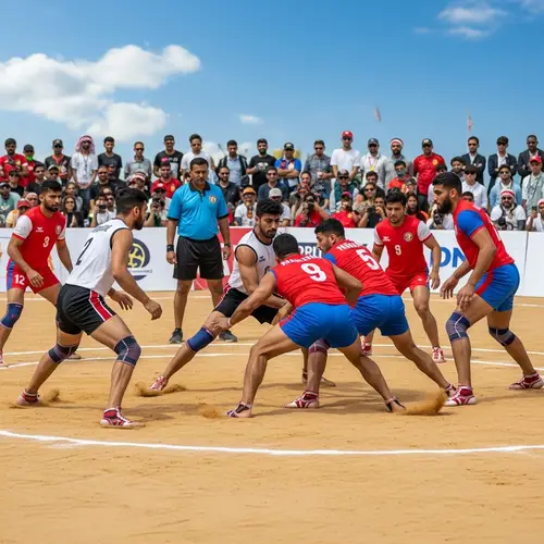 Intense Kabaddi Match on Sandy Field - Athletic Teams Clash Under Sunny Sky