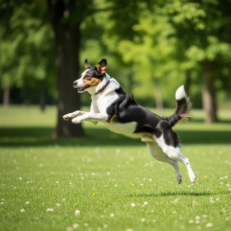 Dynamic Dog Jumping in a Cheerful Park Setting