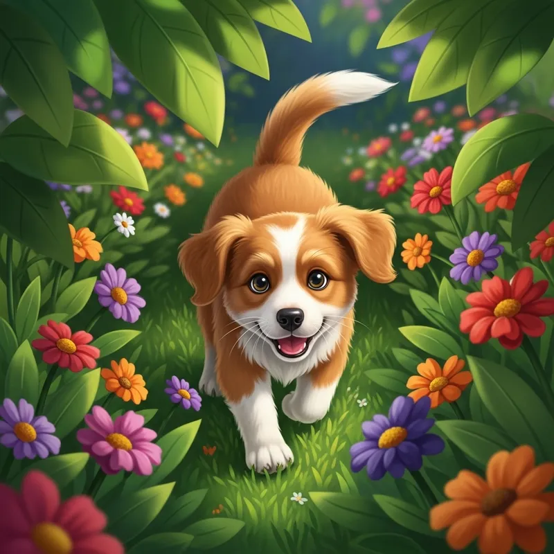 Playful Puppy in Vibrant Garden | Cute Pup Images