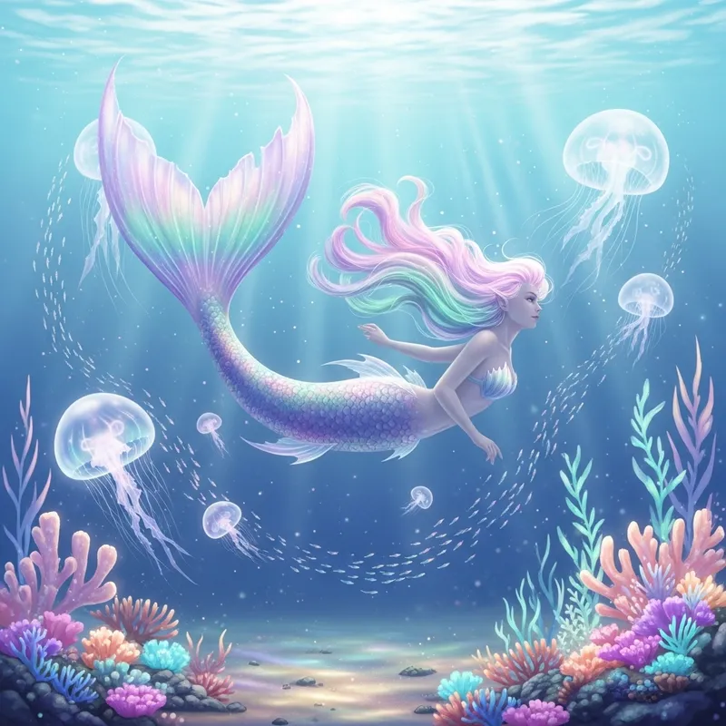 Dreamy Underwater Scene with Ethereal Mermaid Dreamy Underwater Scene with Ethereal Mermaid