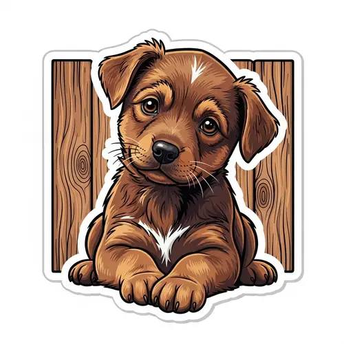 Brown Small Puppy Sitting on Wood Background Sticker