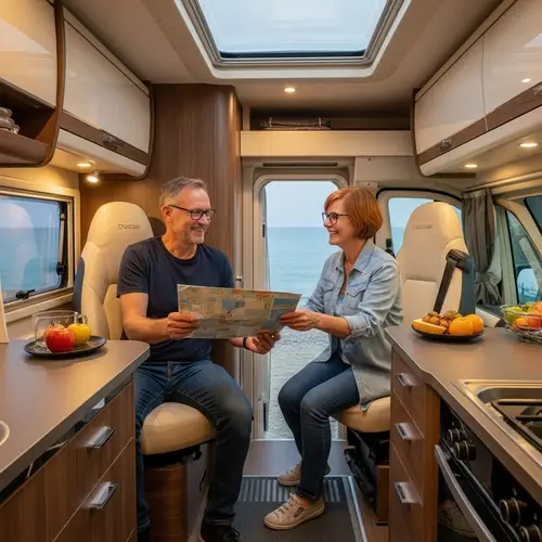 Tom and Ela, 50 Years Old with Glasses, Enjoying Ducato Motorhome at Italian Beach