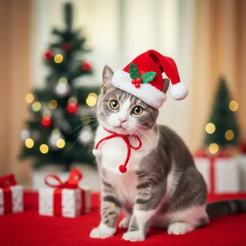 Festive Gray & White Cat in Christmas Hat | Whimsical Holiday Portrait