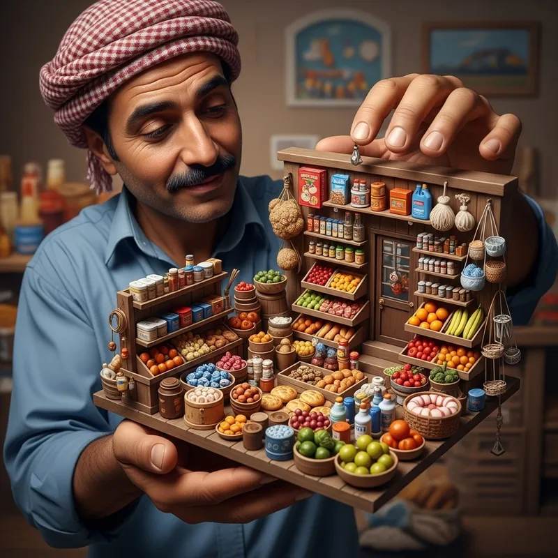 Middle-Eastern Man Holding Miniature Shop