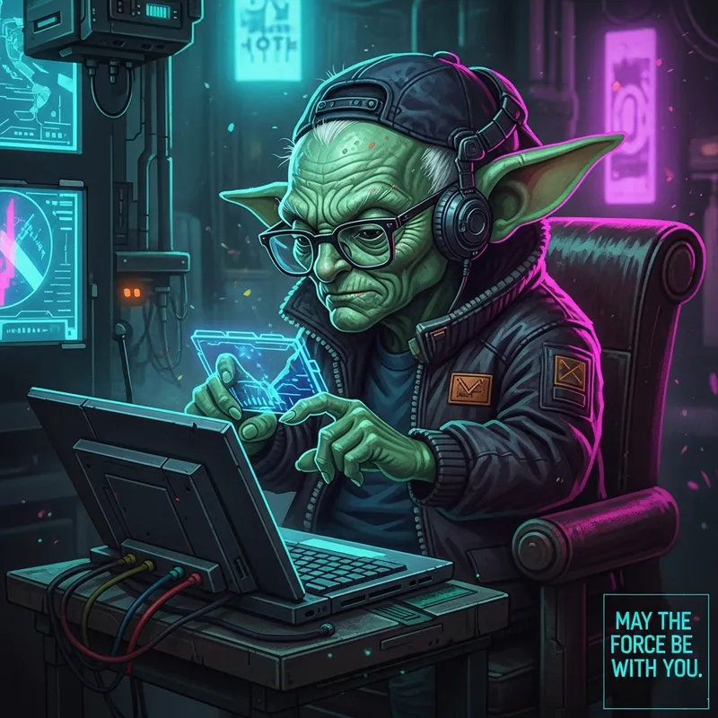 Yoda: Cyberpunk Hacker with Futuristic Technology | Mixed Media Art Yoda: Cyberpunk Hacker with Futuristic Technology | Mixed Media Art