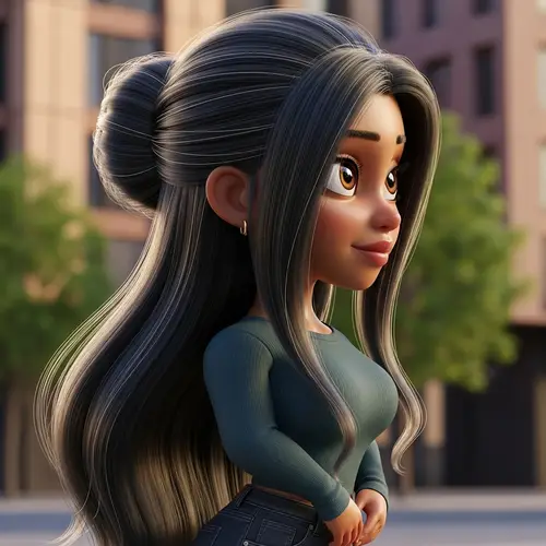 Short Brown Lady with Long Black Hair | Modern 3D Animation Style