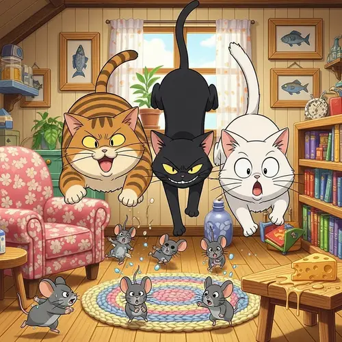 Adorable Anime Cats Chasing Mice in a Vibrant Home Setting