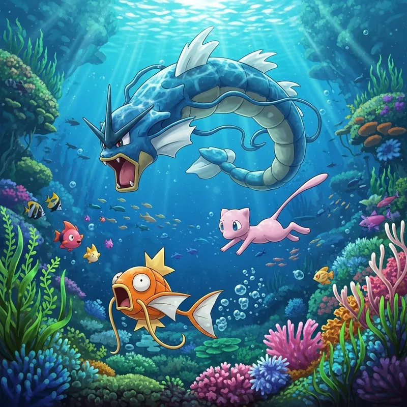 Underwater Chase Scene with Gyarados, Magikarp, and Mew Underwater Chase Scene with Gyarados, Magikarp, and Mew