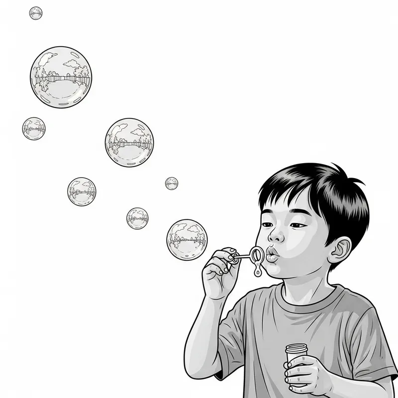 Child Blowing Bubbles | Black and White Coloring Page Child Blowing Bubbles | Black and White Coloring Page
