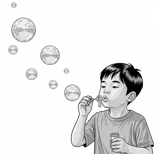 Young Asian Boy Blowing Soap Bubbles | Classic Comics Style
