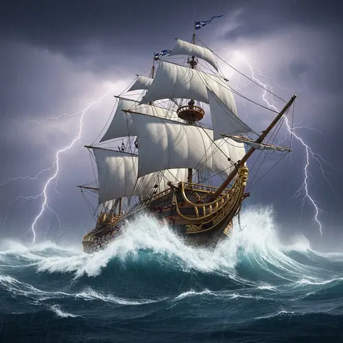 Elaborate Galleon Riding Wave Crest | Stormy Sea Scene