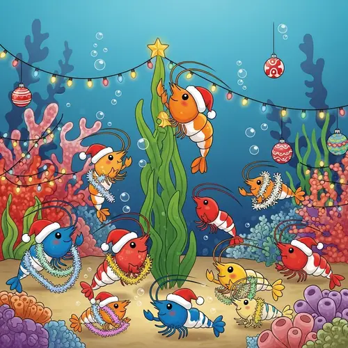 Kawaii Baby Shrimp Celebrate Christmas Underwater