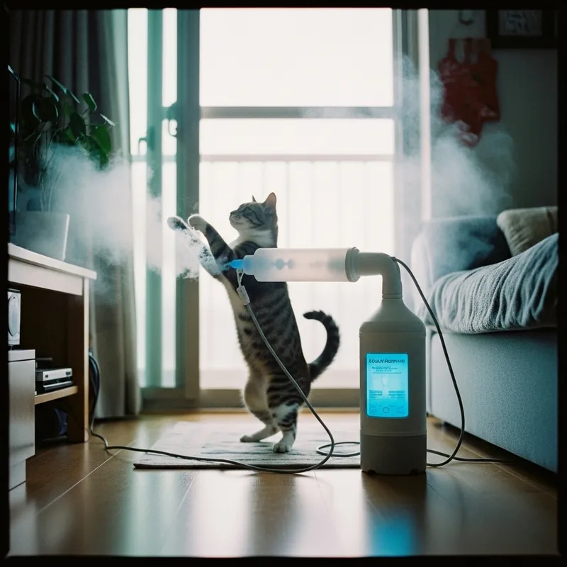 Cat Performing Ozone Treatment in Dreamy Room Setting Cat Performing Ozone Treatment in Dreamy Room Setting