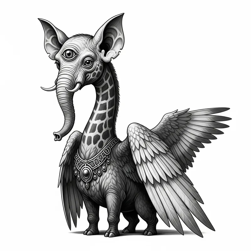 Unique Animal with Big Ears, Singular Eye, Trunk-like Mouth, Long Neck, and Large Wings