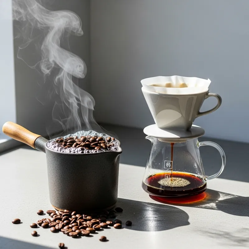 Minimalist Coffee Brewing: Ceramic Pot & Beans