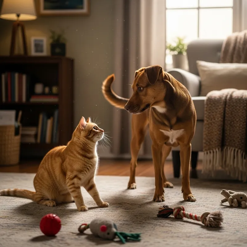 Playful Cat and Dog Friendship in Home Setting Playful Cat and Dog Friendship in Home Setting
