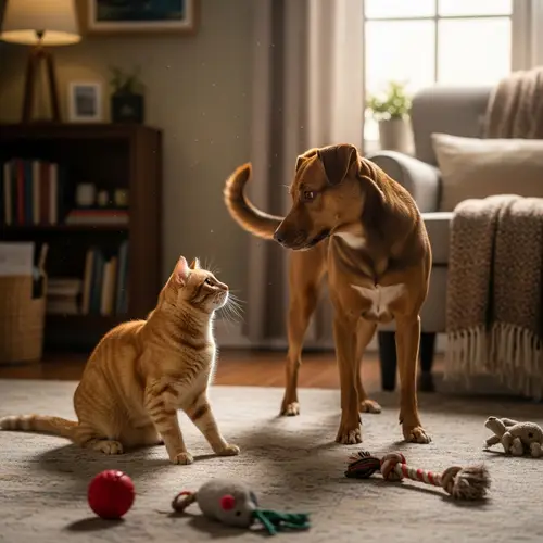 Friendly Orange Cat and Brown Dog Interaction in Cozy Room