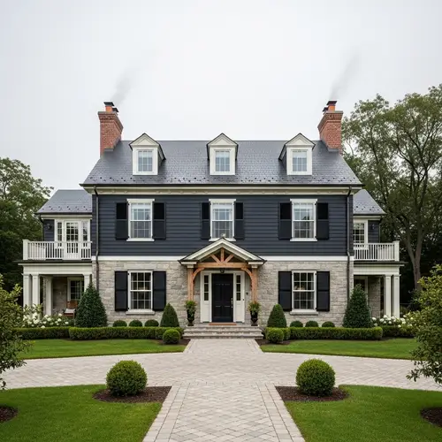 Classic Black Traditional House with Gabled Roofs and Stone Foundations