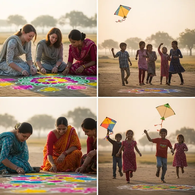 Telugu Women Creating Rangoli in Village at Dawn with Children Flying Kites