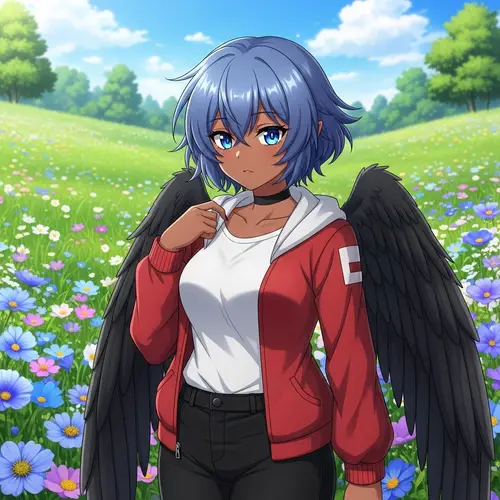 Anime-Style Teenage Character with Blue Hair & Feathered Wings
