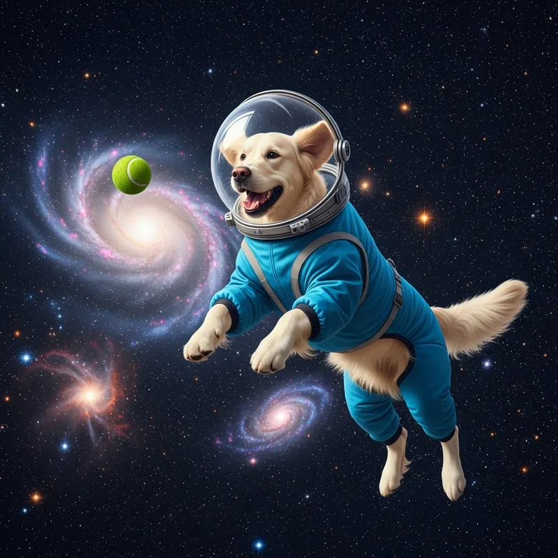 Dog in Space: Joyful Golden Retriever Astronaut Playfully Chasing Neon Ball Dog in Space: Joyful Golden Retriever Astronaut Playfully Chasing Neon Ball