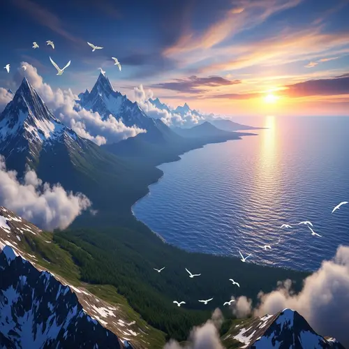 Breathtaking Landscape with Majestic Mountains and Sunset Reflections