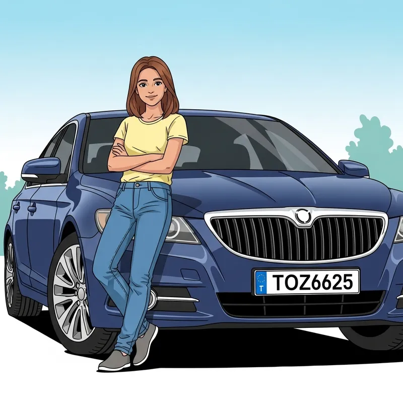 Detailed Clipart: Girl Leaning on Dark Blue Sedan Car | TOZ6625 Plate Number