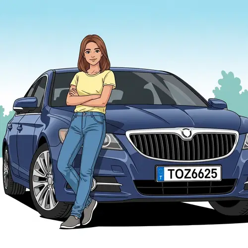 Detailed Clipart: Girl Leaning on Dark Blue GEELY Emgrand Car