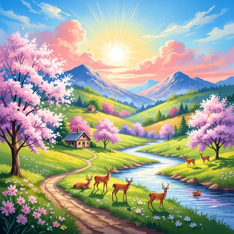 Vibrant Watercolor Landscape with Rolling Hills, River, and Deer Vibrant Watercolor Landscape with Rolling Hills, River, and Deer