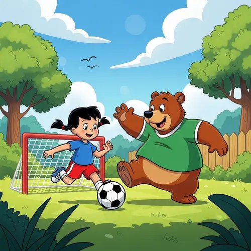 Girl and Bear Playing Soccer in Yard | Fun Cartoon Game