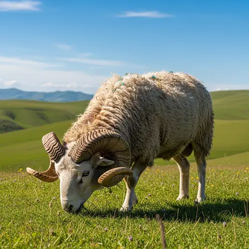 Magnificent Ram Grazing in Lush Meadow | Wildlife Photography