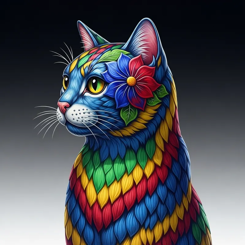 Colorful Glass Cat Engraving with Half Flower Design