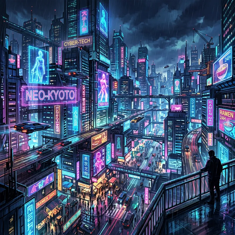 Futuristic Metropolis: Neon Lights, Cyberpunk Skyscrapers & Intriguing Ambiance