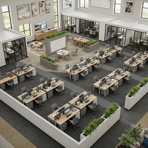 Open Floor Plan Office Design with Collaborative Spaces and Quiet Zones