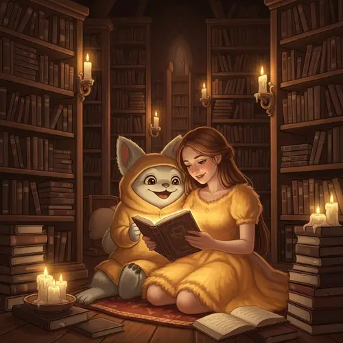 Tranquil Library Encounter: Woman and Beast Lost in Story