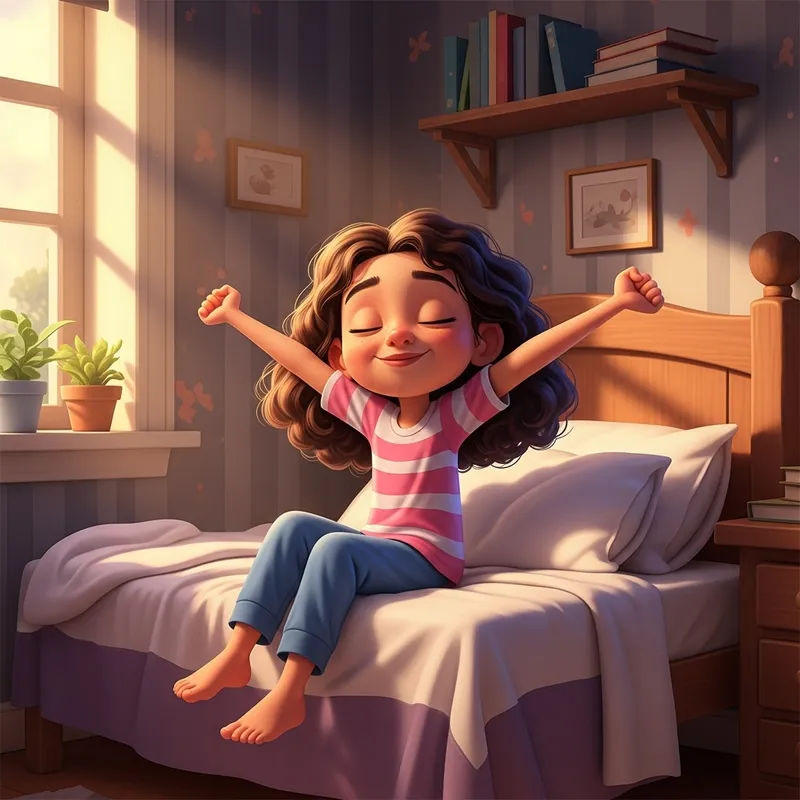 Young Girl Waking Up in Cozy Bedroom | Pixar Style Illustration Young Girl Waking Up in Cozy Bedroom | Pixar Style Illustration