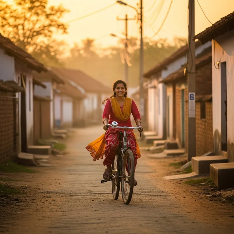 Joyful Indian Girl Biking Through Her Village