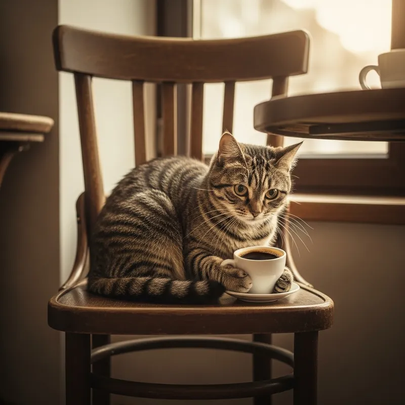 Playful Tabby Cat Enjoying Coffee | Whimsical Sunny Terrace