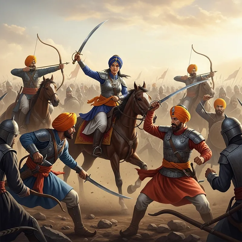 Sikh Warriors in Battle: Dramatic Scene of Chaos and Courage