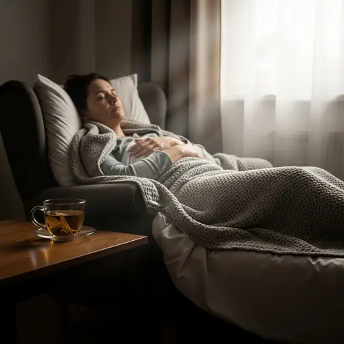 Hopeful Scenes: Peaceful Person in Dimmed Room with Herbal Tea