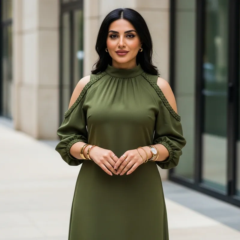 Elegant Woman in Olive Green Dress | Modern Fashion Editorial