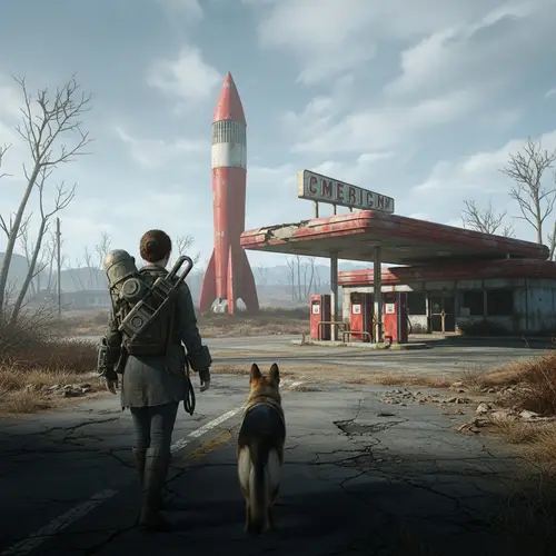Post-Apocalyptic Adventure: Nora and Dog at Red Rocket Gas Station