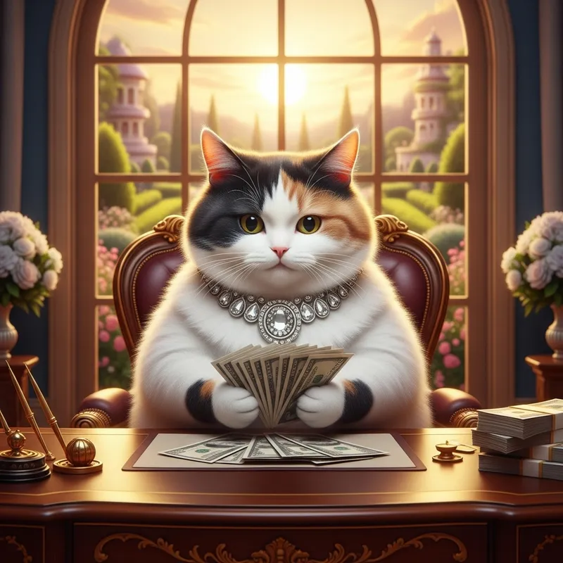 Cat Millionaire Counting Cash in Lavish Mansion