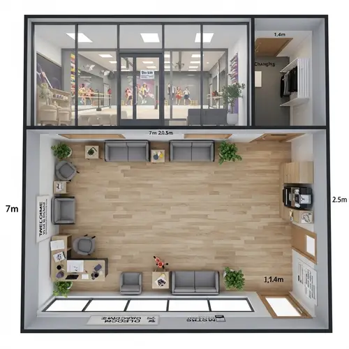 Student Waiting Room with Glass Wall and Dance Studio View