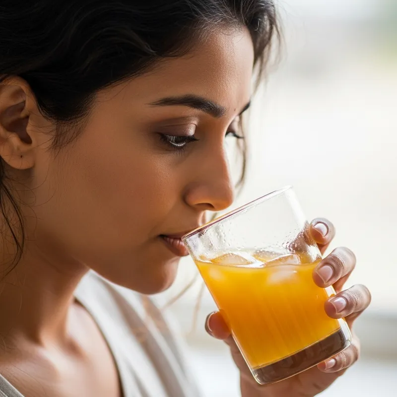 Close-Up of South Asian Woman Sipping Orange Juice in Hyper-Realistic 4K