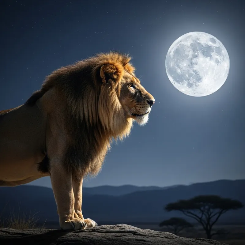Majestic Lion Gazing at Full Moon
