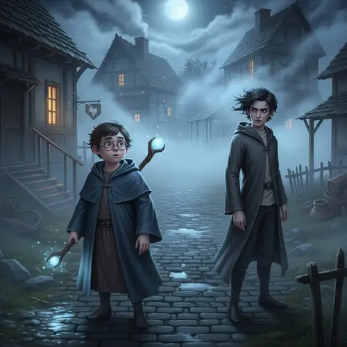 Fantasy Scene with Young Wizards in Rural Village at Night