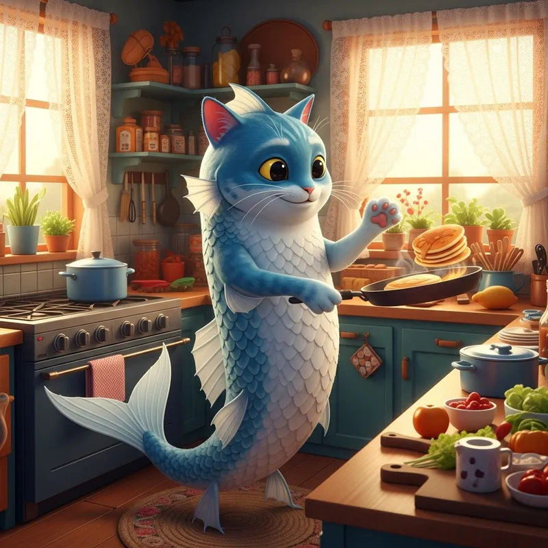 Adorable Fish-Cat Chef Cooking in Colorful Kitchen Adorable Fish-Cat Chef Cooking in Colorful Kitchen