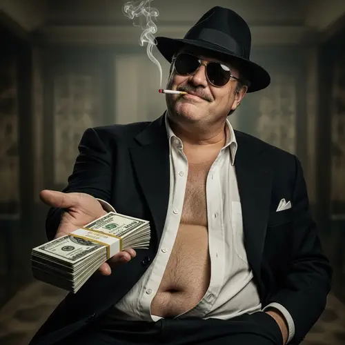 Classic Cinema Gangster Impression with Bills Stack